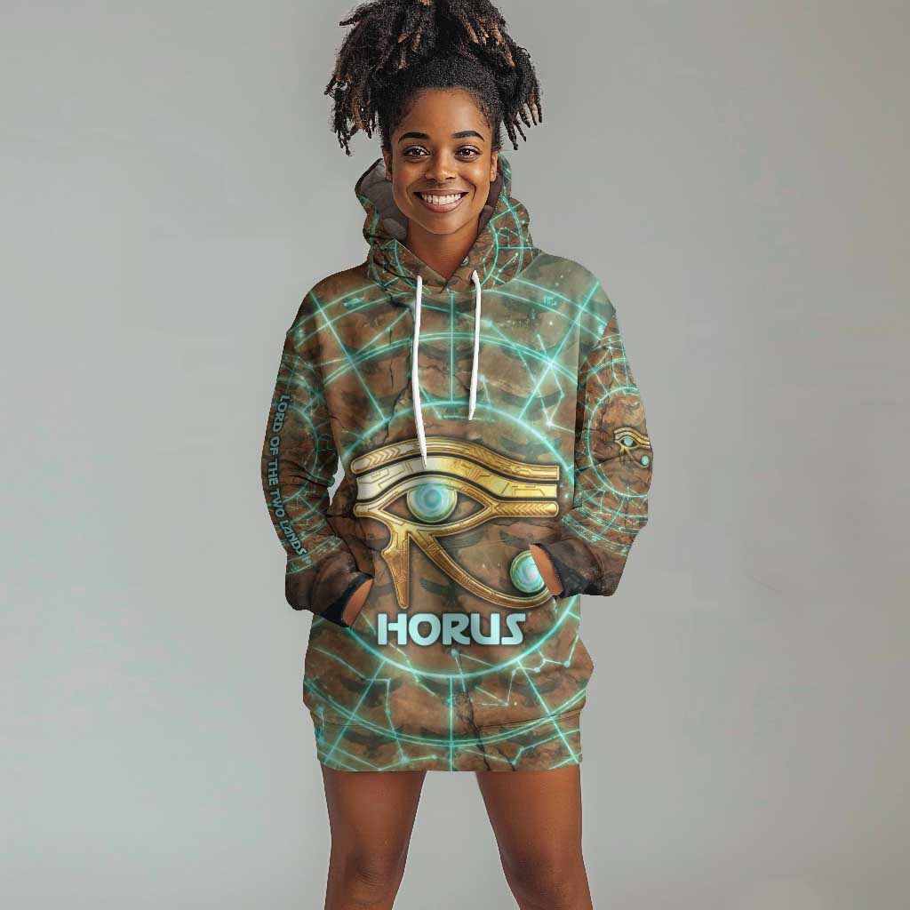 Horus Eye of Ra Hoodie Dress Golden Falcon Ancient Egyptian Symbol in Futuristic