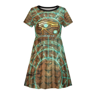 Horus Eye of Ra Kid Short Sleeve Dress Golden Falcon Ancient Egyptian Symbol in Futuristic