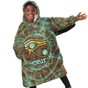 Horus Eye of Ra Kid Wearable Blanket Hoodie Golden Falcon Ancient Egyptian Symbol in Futuristic