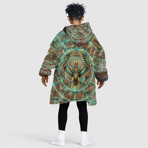 Horus Eye of Ra Kid Wearable Blanket Hoodie Golden Falcon Ancient Egyptian Symbol in Futuristic