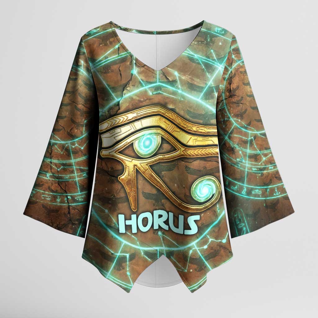 Horus Eye of Ra Kimono Sleeve Blouse Golden Falcon Ancient Egyptian Symbol in Futuristic