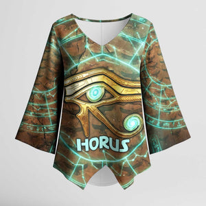 Horus Eye of Ra Kimono Sleeve Blouse Golden Falcon Ancient Egyptian Symbol in Futuristic