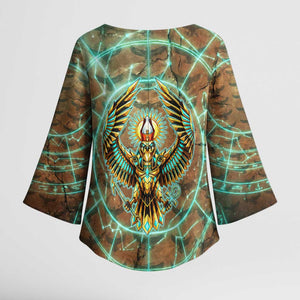 Horus Eye of Ra Kimono Sleeve Blouse Golden Falcon Ancient Egyptian Symbol in Futuristic