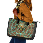 Horus Eye of Ra Leather Tote Bag Golden Falcon Ancient Egyptian Symbol in Futuristic