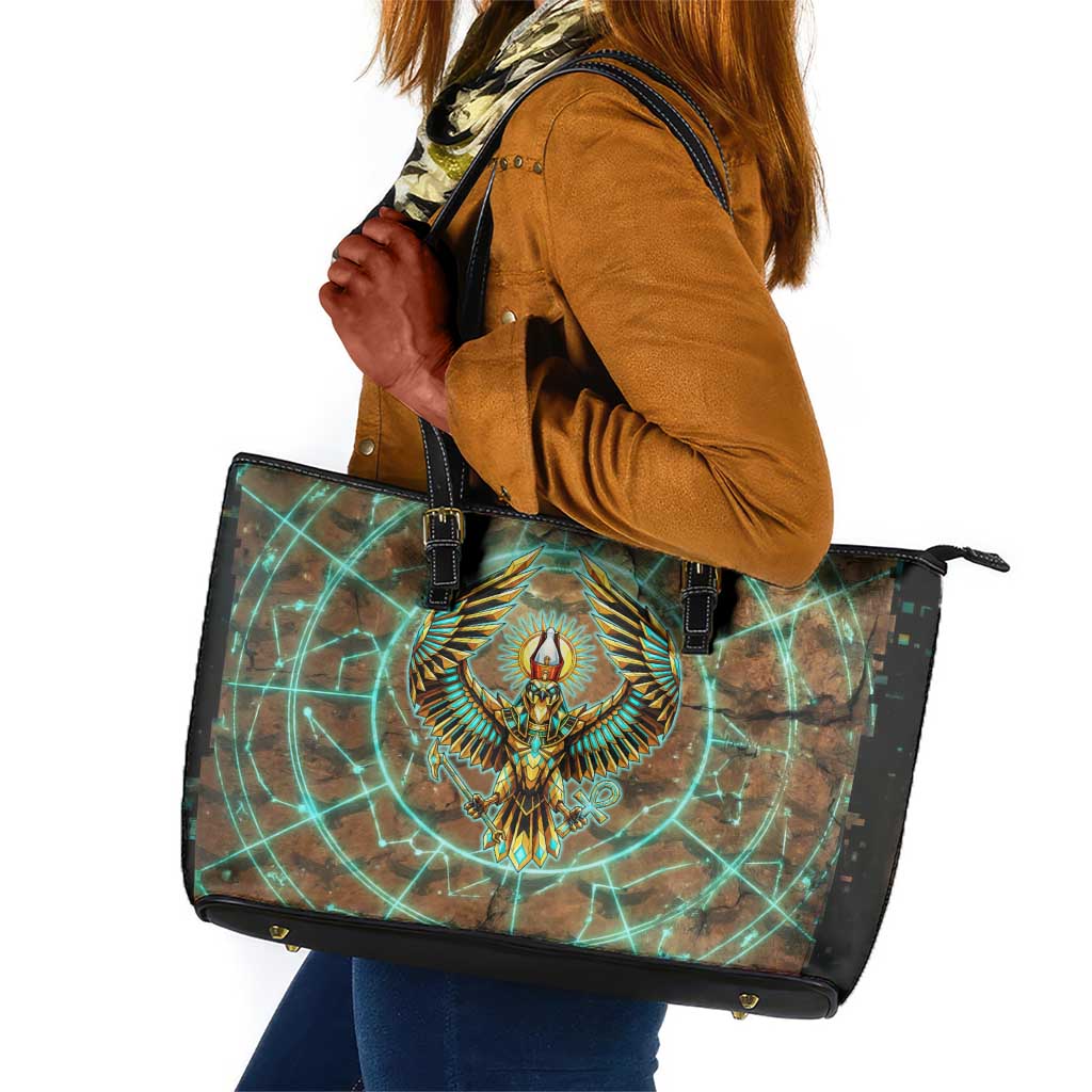 Horus Eye of Ra Leather Tote Bag Golden Falcon Ancient Egyptian Symbol in Futuristic