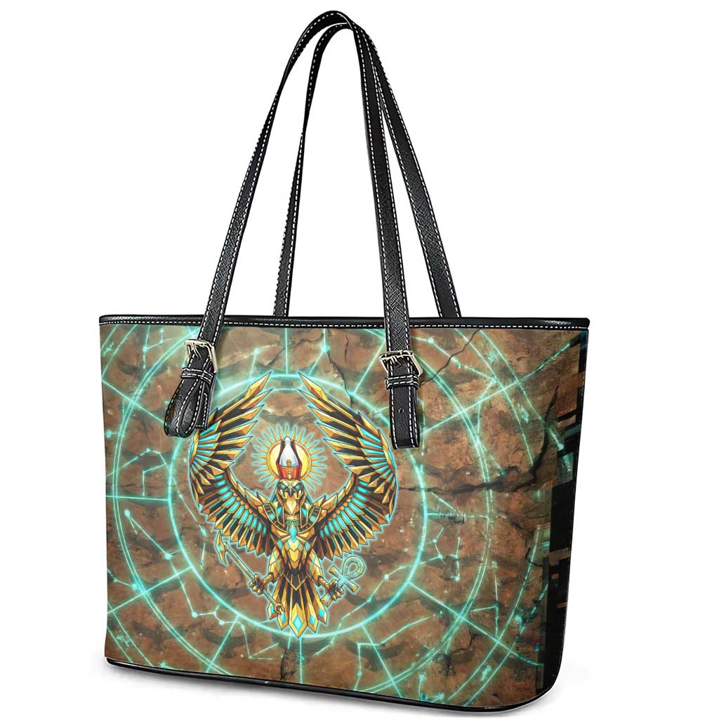 Horus Eye of Ra Leather Tote Bag Golden Falcon Ancient Egyptian Symbol in Futuristic