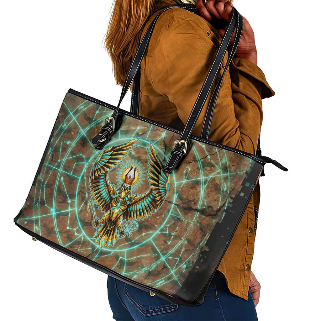 Horus Eye of Ra Leather Tote Bag Golden Falcon Ancient Egyptian Symbol in Futuristic