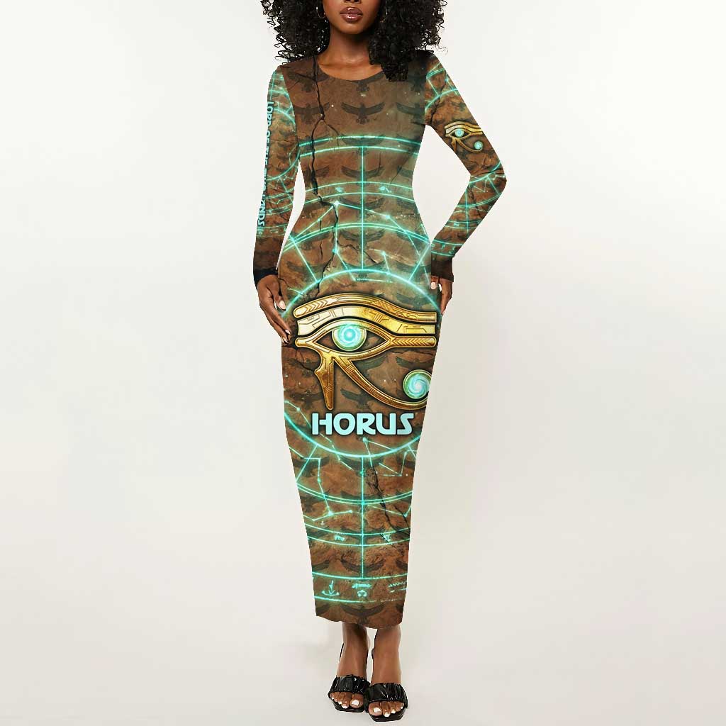 Horus Eye of Ra Long Sleeve Bodycon Dress Golden Falcon Ancient Egyptian Symbol in Futuristic
