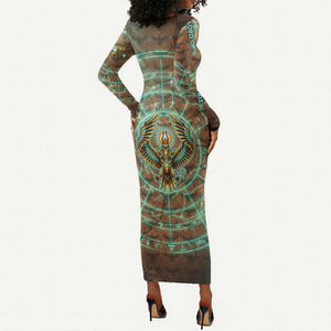 Horus Eye of Ra Long Sleeve Bodycon Dress Golden Falcon Ancient Egyptian Symbol in Futuristic