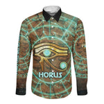 Horus Eye of Ra Long Sleeve Button Shirt Golden Falcon Ancient Egyptian Symbol in Futuristic