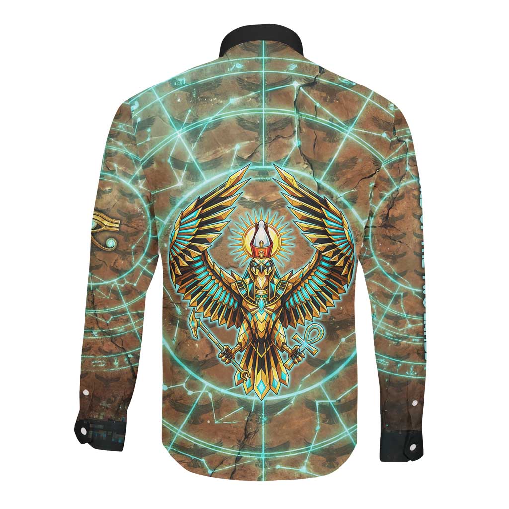 Horus Eye of Ra Long Sleeve Button Shirt Golden Falcon Ancient Egyptian Symbol in Futuristic