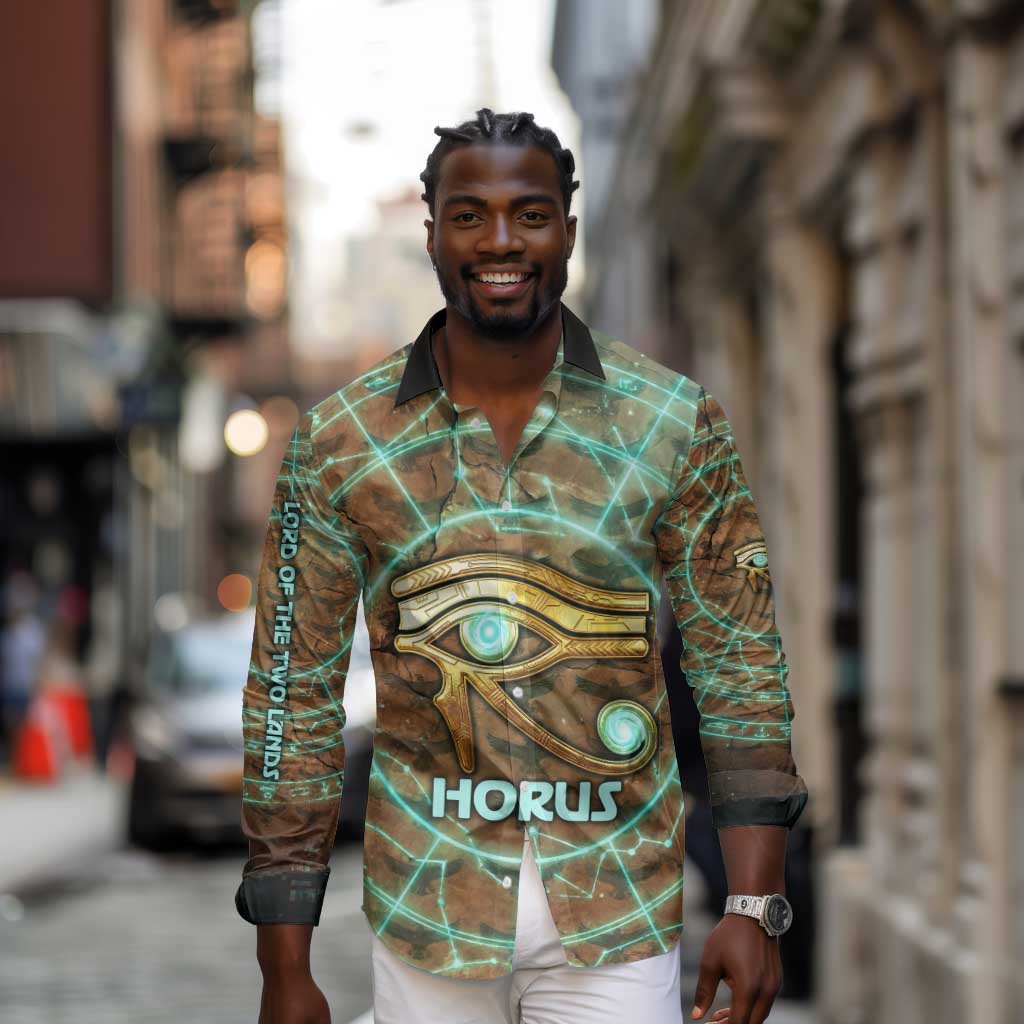 Horus Eye of Ra Long Sleeve Button Shirt Golden Falcon Ancient Egyptian Symbol in Futuristic
