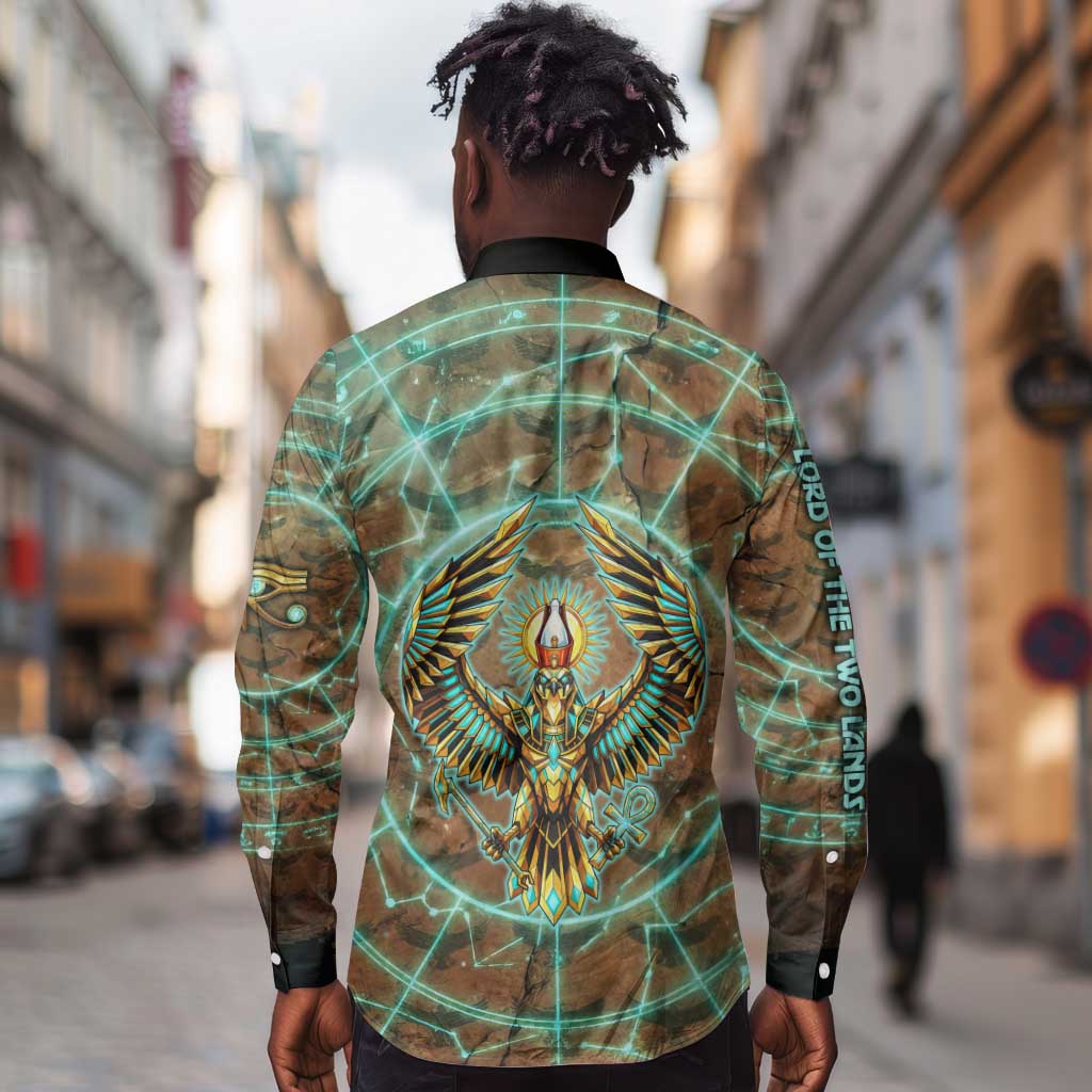 Horus Eye of Ra Long Sleeve Button Shirt Golden Falcon Ancient Egyptian Symbol in Futuristic