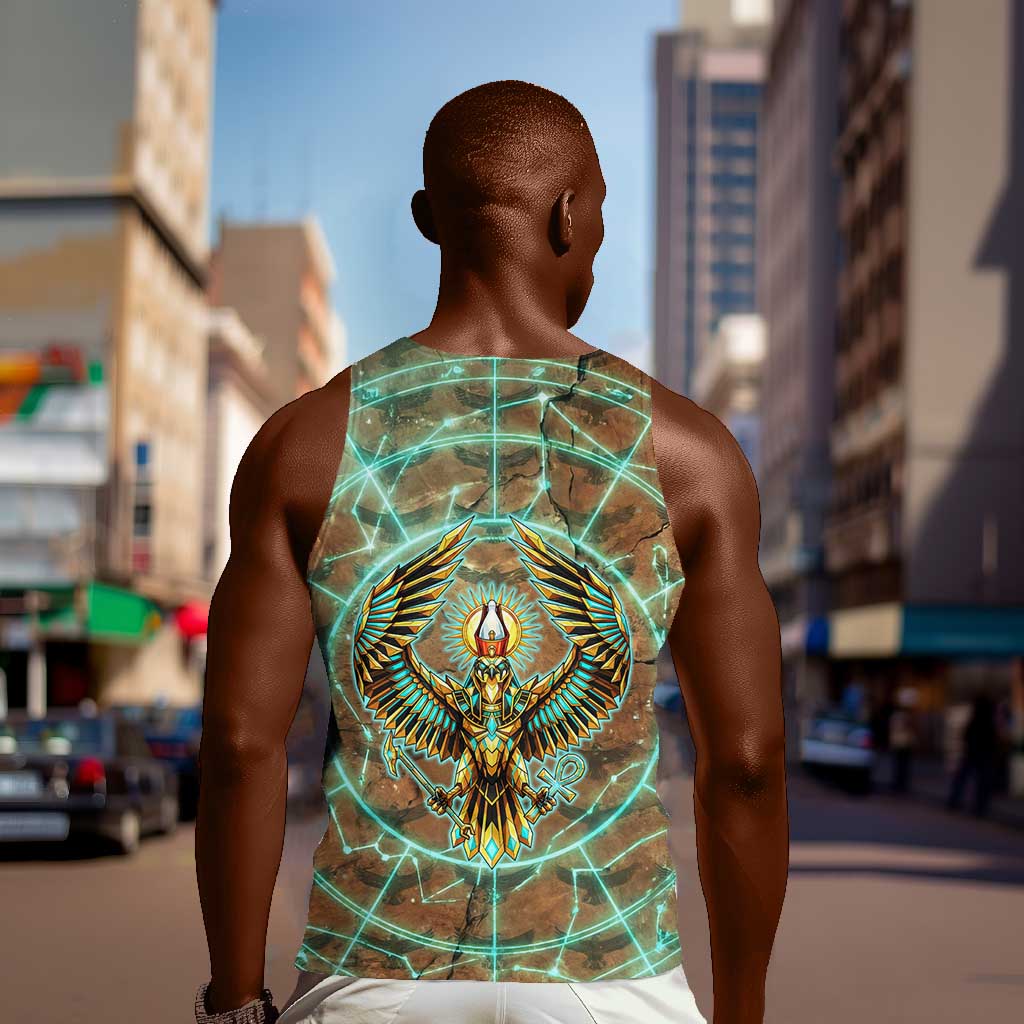 Horus Eye of Ra Men Tank Top Golden Falcon Ancient Egyptian Symbol in Futuristic