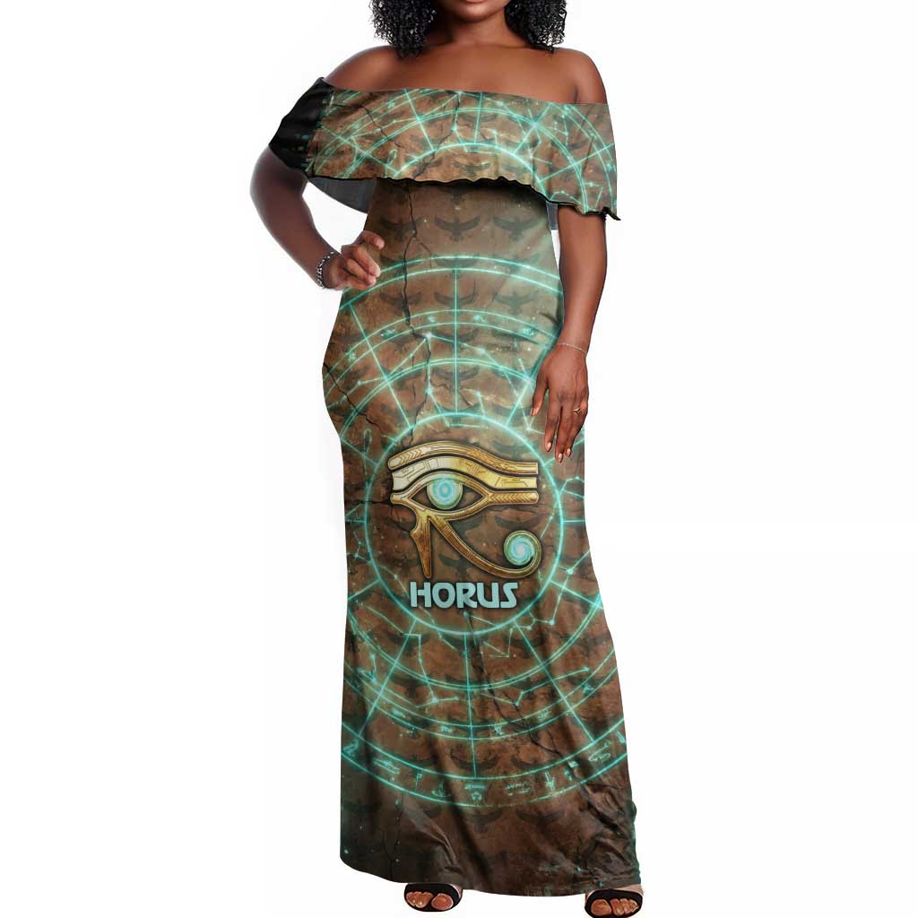 Horus Eye of Ra Off Shoulder Maxi Dress Golden Falcon Ancient Egyptian Symbol in Futuristic