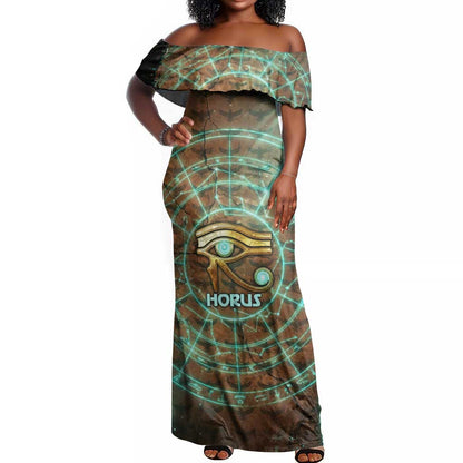 Horus Eye of Ra Off Shoulder Maxi Dress Golden Falcon Ancient Egyptian Symbol in Futuristic