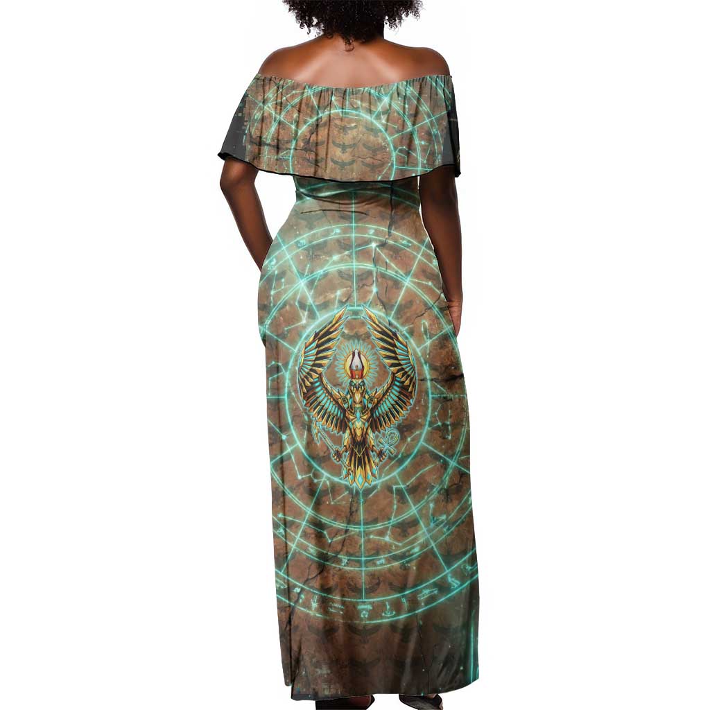 Horus Eye of Ra Off Shoulder Maxi Dress Golden Falcon Ancient Egyptian Symbol in Futuristic