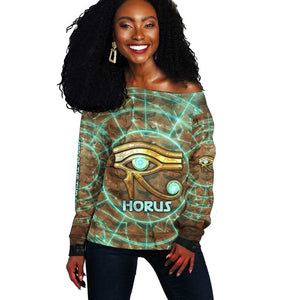 Horus Eye of Ra Off Shoulder Sweater Golden Falcon Ancient Egyptian Symbol in Futuristic