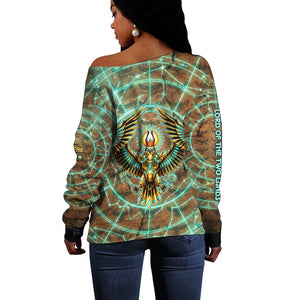 Horus Eye of Ra Off Shoulder Sweater Golden Falcon Ancient Egyptian Symbol in Futuristic