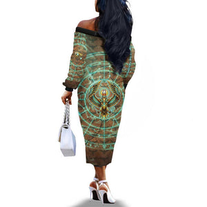 Horus Eye of Ra Off The Shoulder Long Sleeve Dress Golden Falcon Ancient Egyptian Symbol in Futuristic