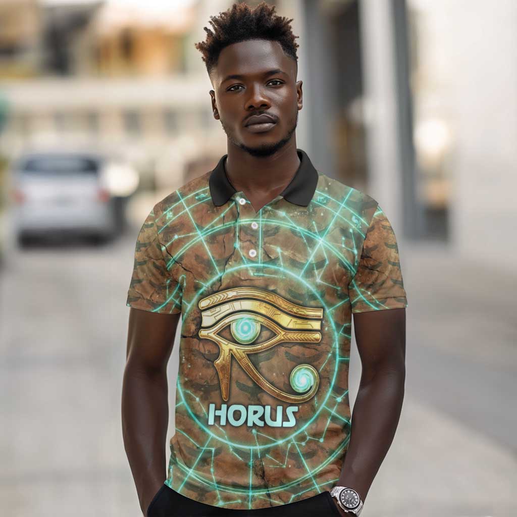 Horus Eye of Ra Polo Shirt Golden Falcon Ancient Egyptian Symbol in Futuristic