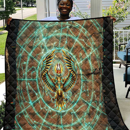 Horus Eye of Ra Quilt Golden Falcon Ancient Egyptian Symbol in Futuristic