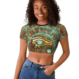 Horus Eye of Ra Raglan Cropped T shirt Golden Falcon Ancient Egyptian Symbol in Futuristic