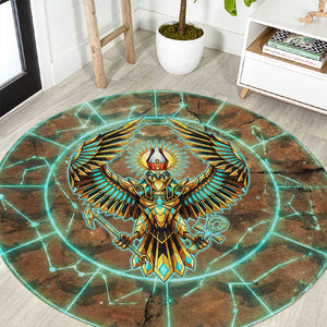 Horus Eye of Ra Round Carpet Golden Falcon Ancient Egyptian Symbol in Futuristic