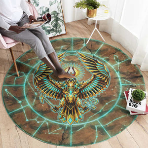 Horus Eye of Ra Round Carpet Golden Falcon Ancient Egyptian Symbol in Futuristic