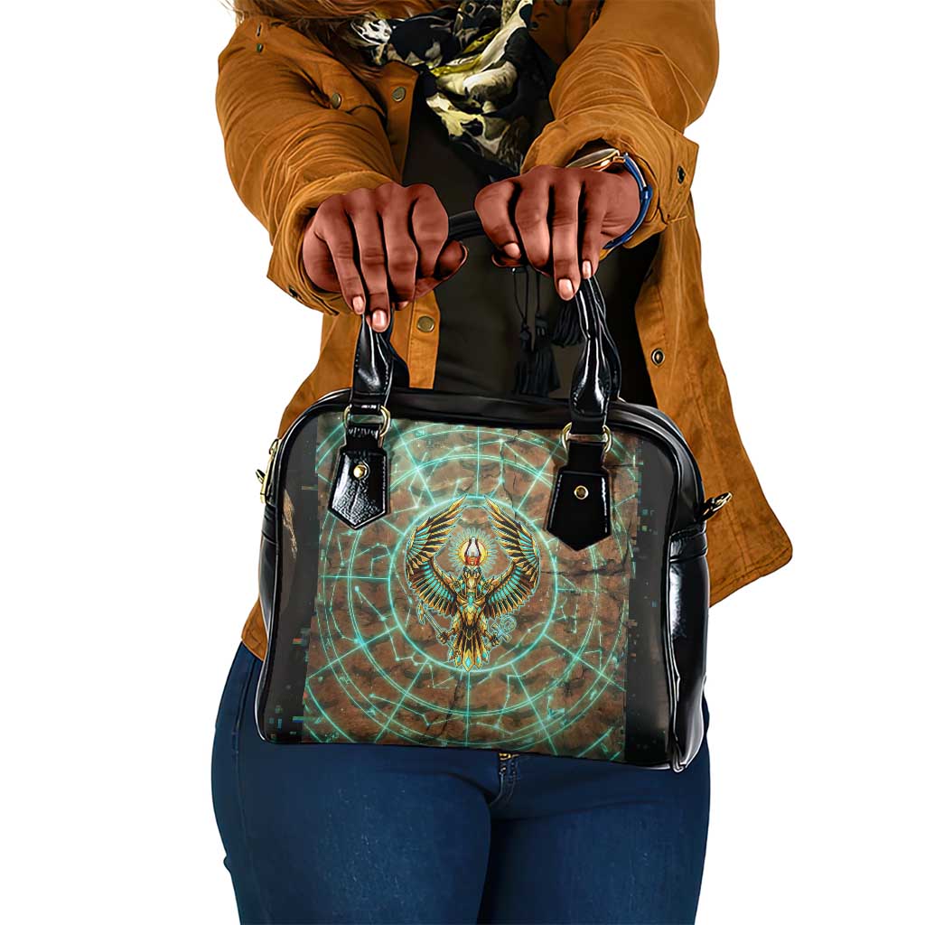 Horus Eye of Ra Shoulder Handbag Golden Falcon Ancient Egyptian Symbol in Futuristic