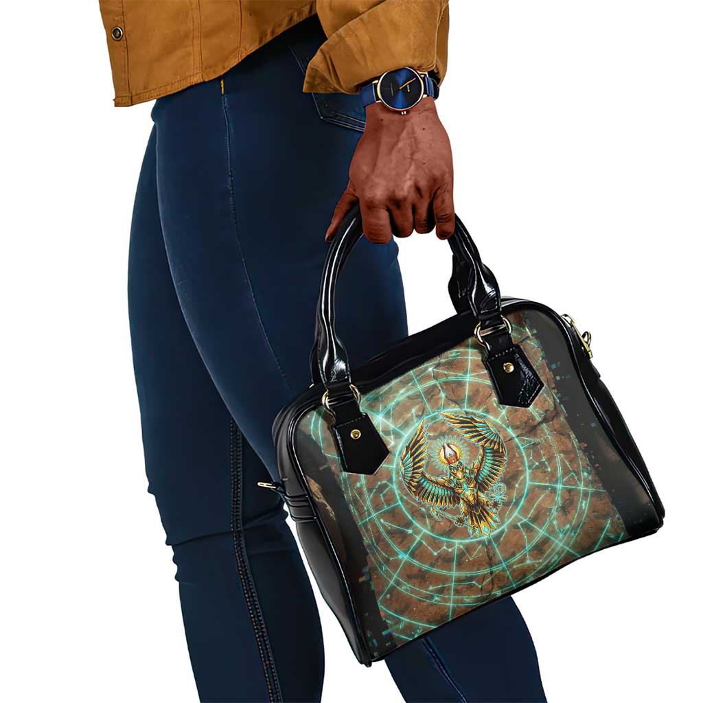 Horus Eye of Ra Shoulder Handbag Golden Falcon Ancient Egyptian Symbol in Futuristic