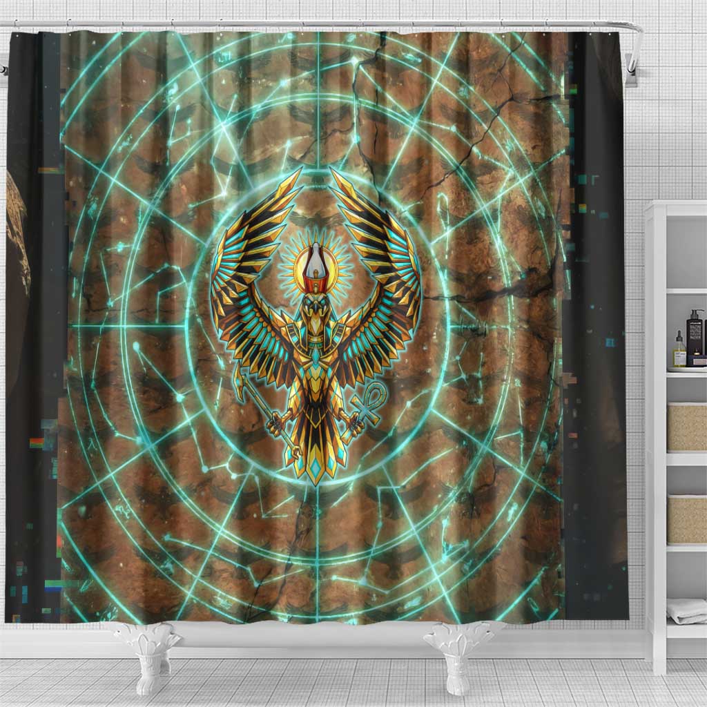 Horus Eye of Ra Shower Curtain Golden Falcon Ancient Egyptian Symbol in Futuristic