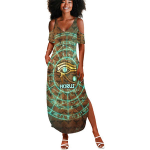 Horus Eye of Ra Summer Maxi Dress Golden Falcon Ancient Egyptian Symbol in Futuristic