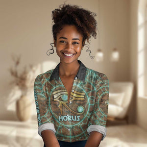 Horus Eye of Ra Women Casual Shirt Golden Falcon Ancient Egyptian Symbol in Futuristic