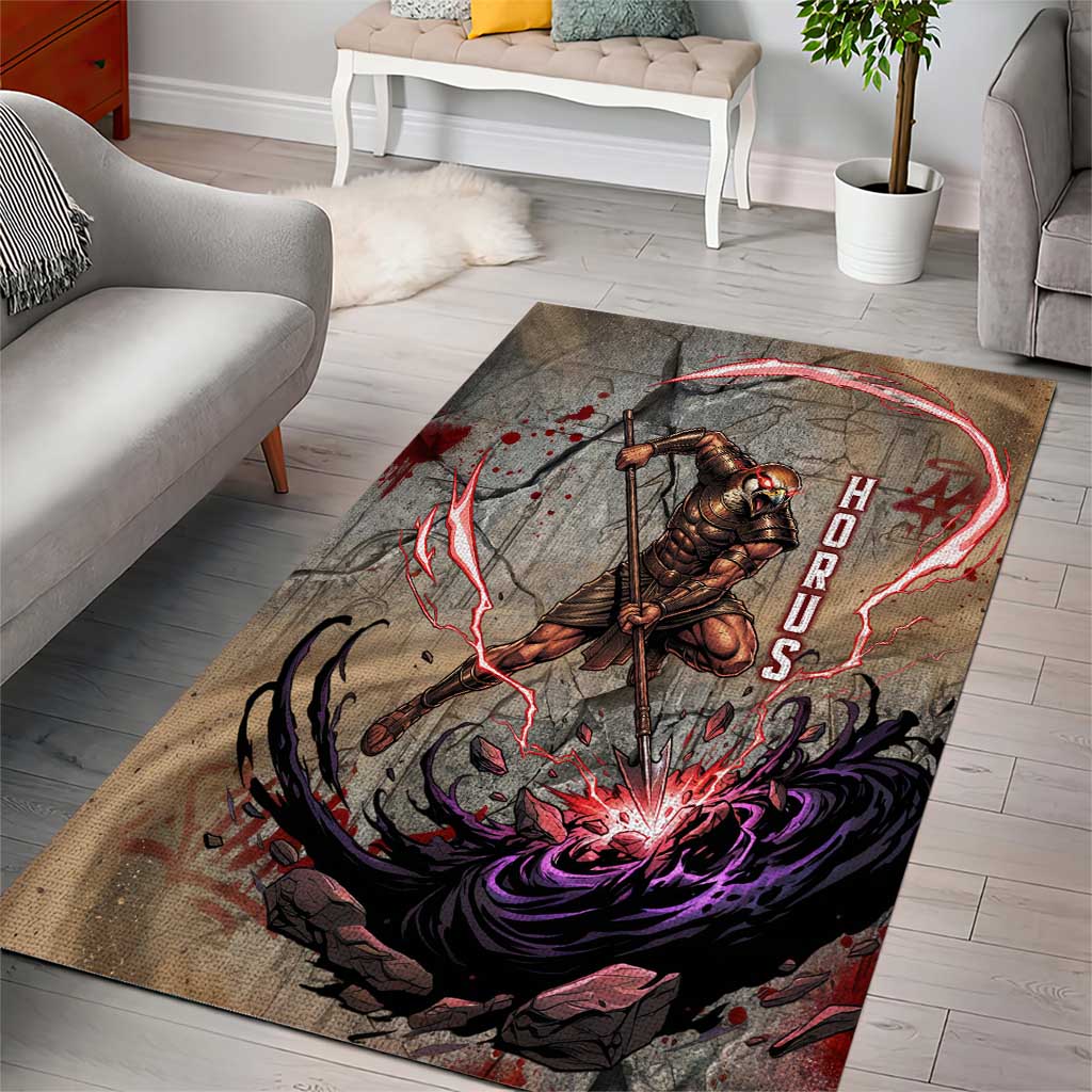 Horus Behdety Warrior Area Rug with Falcon Mask and Spear Ancient Egyptian Combat