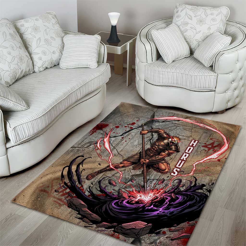 Horus Behdety Warrior Area Rug with Falcon Mask and Spear Ancient Egyptian Combat