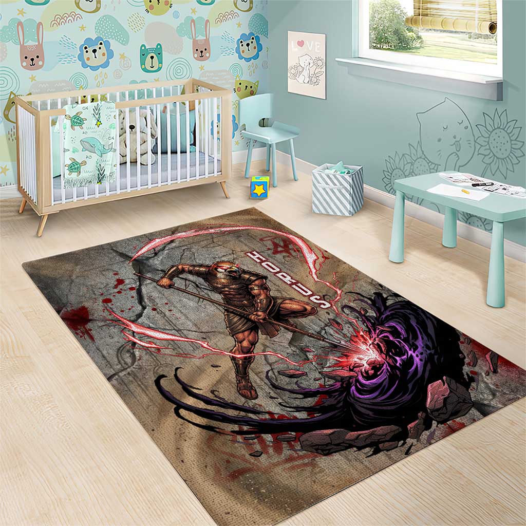 Horus Behdety Warrior Area Rug with Falcon Mask and Spear Ancient Egyptian Combat