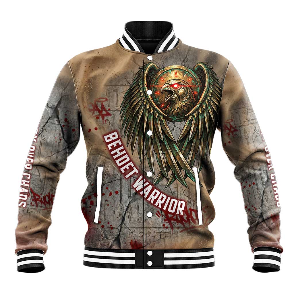 Horus Behdety Warrior Baseball Jacket with Falcon Mask and Spear Ancient Egyptian Combat