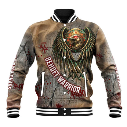 Horus Behdety Warrior Baseball Jacket with Falcon Mask and Spear Ancient Egyptian Combat