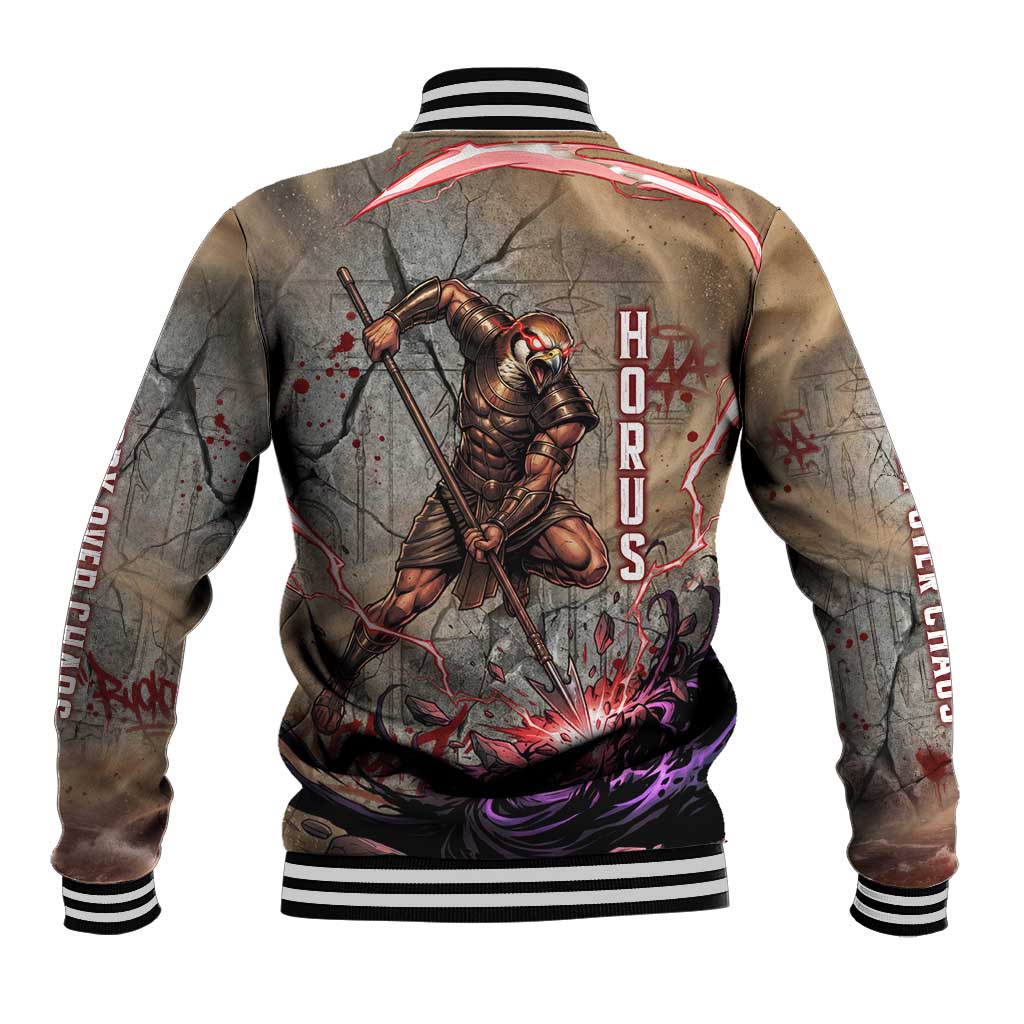 Horus Behdety Warrior Baseball Jacket with Falcon Mask and Spear Ancient Egyptian Combat