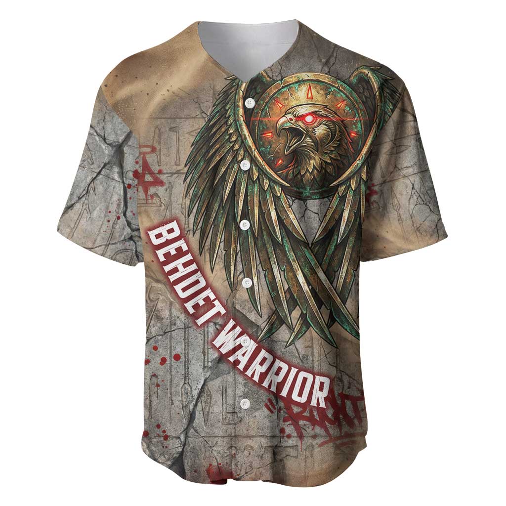Horus Behdety Warrior Baseball Jersey with Falcon Mask and Spear Ancient Egyptian Combat