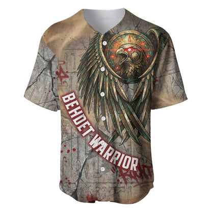 Horus Behdety Warrior Baseball Jersey with Falcon Mask and Spear Ancient Egyptian Combat