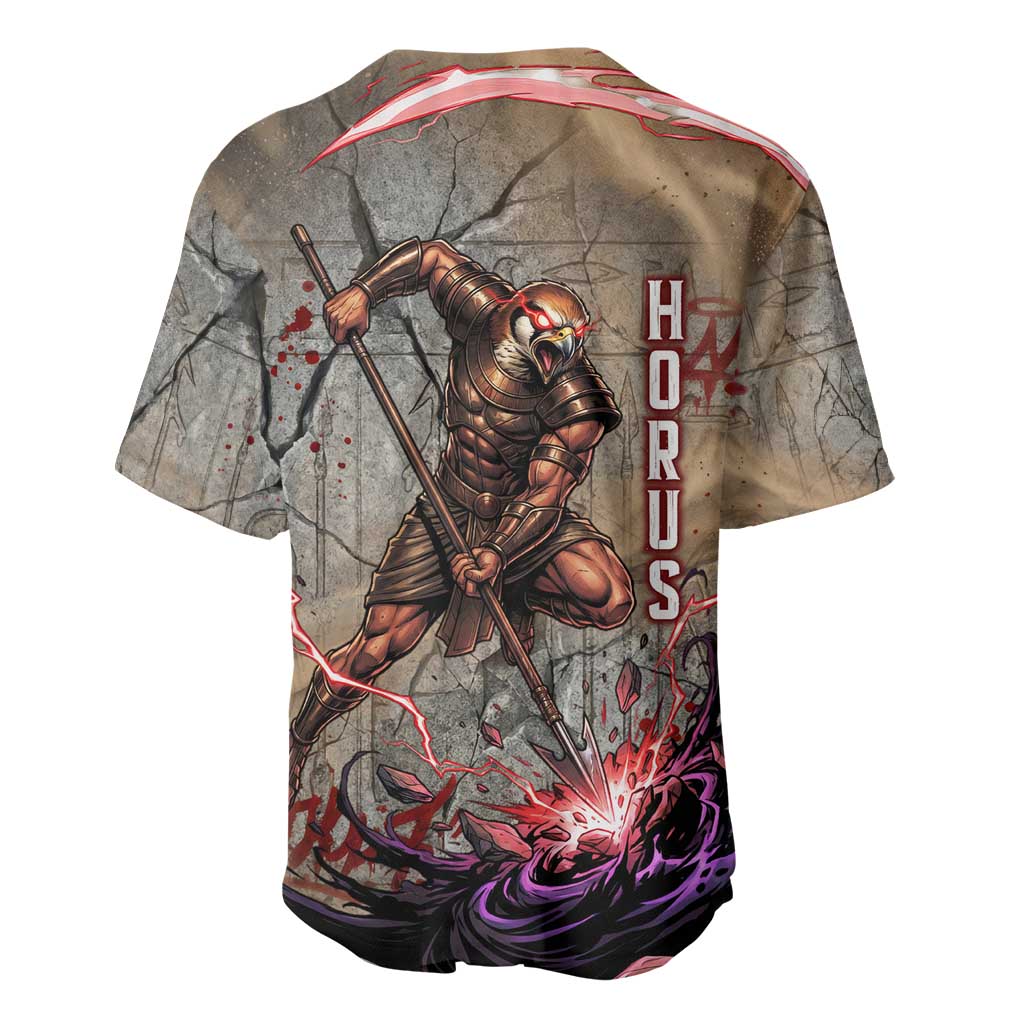 Horus Behdety Warrior Baseball Jersey with Falcon Mask and Spear Ancient Egyptian Combat