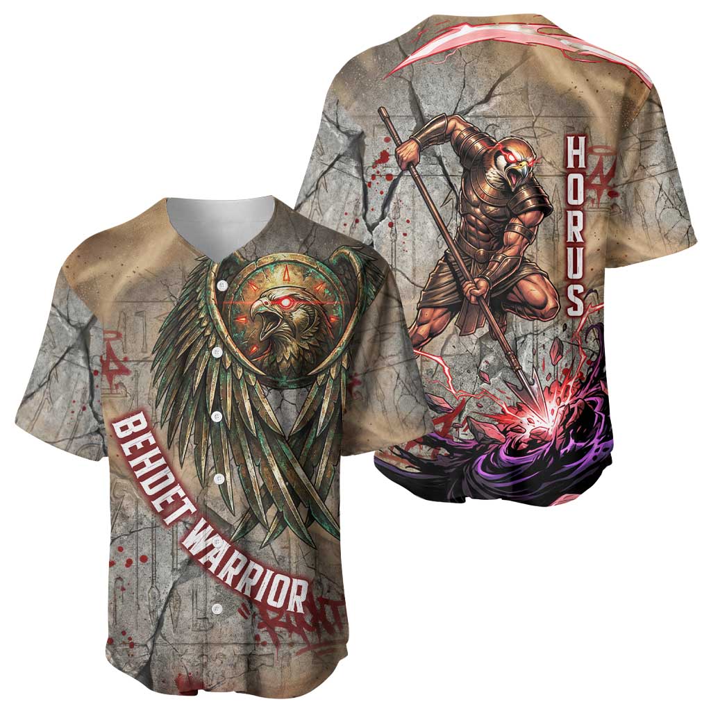 Horus Behdety Warrior Baseball Jersey with Falcon Mask and Spear Ancient Egyptian Combat