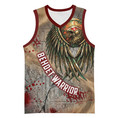 Horus Behdety Warrior Basketball Jersey with Falcon Mask and Spear Ancient Egyptian Combat