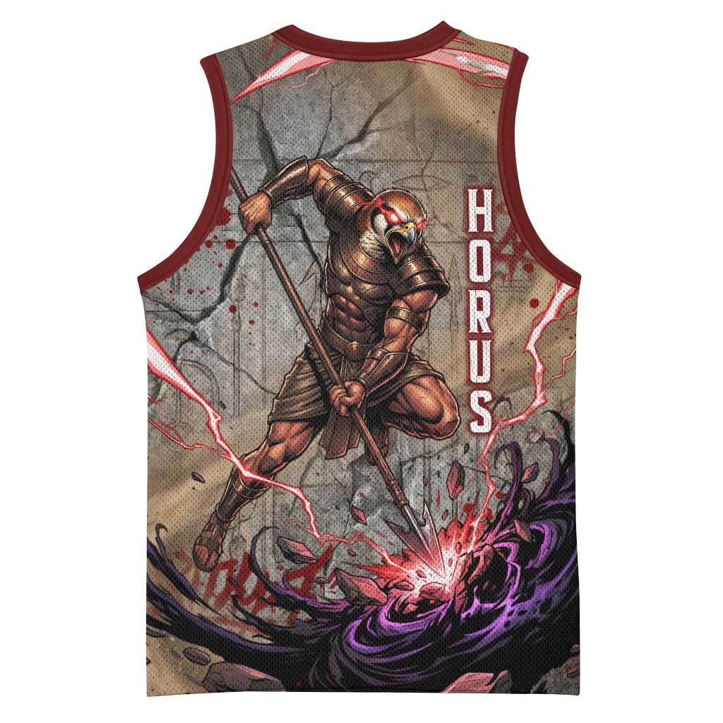 Horus Behdety Warrior Basketball Jersey with Falcon Mask and Spear Ancient Egyptian Combat