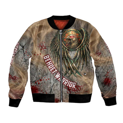 Horus Behdety Warrior Bomber Jacket with Falcon Mask and Spear Ancient Egyptian Combat