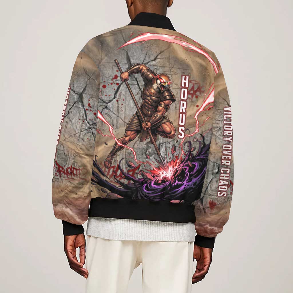 Horus Behdety Warrior Bomber Jacket with Falcon Mask and Spear Ancient Egyptian Combat