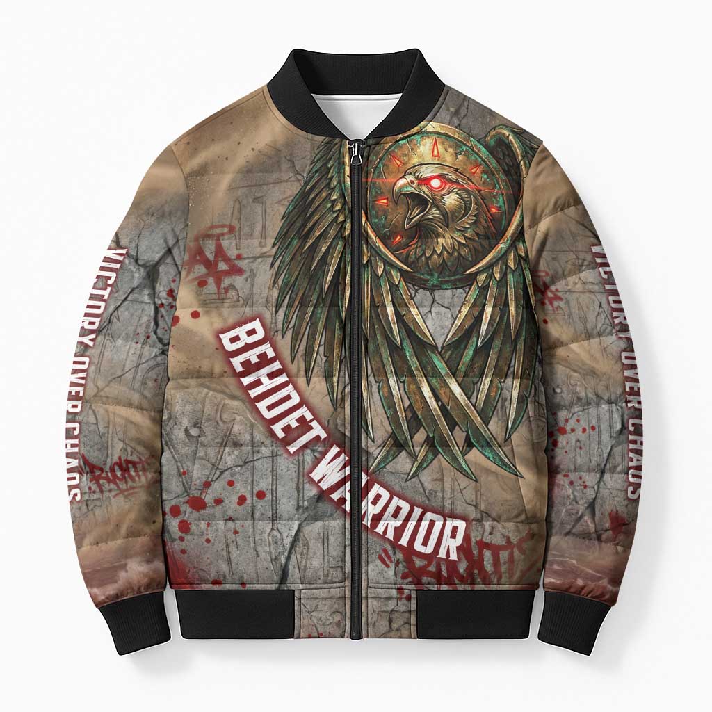Horus Behdety Warrior Bomber Puffer Jacket with Falcon Mask and Spear Ancient Egyptian Combat