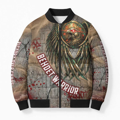 Horus Behdety Warrior Bomber Puffer Jacket with Falcon Mask and Spear Ancient Egyptian Combat